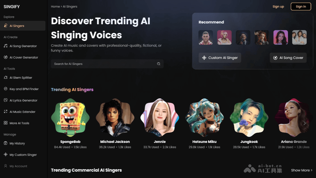 Singify – 免费AI歌曲翻唱工具，能转换成1000多种不同高品质歌声插图